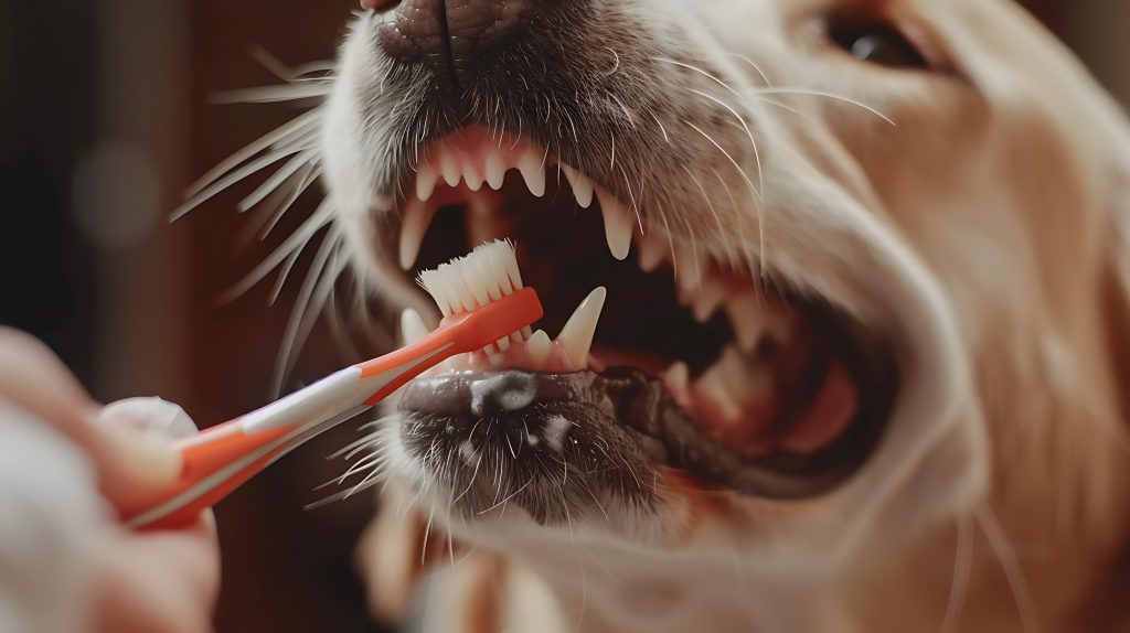Cão com escova de dentes na boca, para falar sobre a infecção bucal em pets