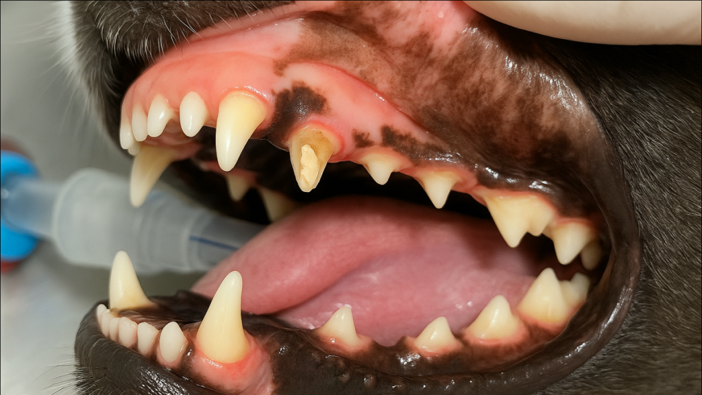 Boca de cachorro aberta, para mostrar dentes quebrados em pets.