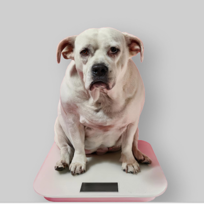 Cachorro triste sobre a balança, para falar da perda de peso em cães e gatos