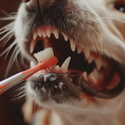 Cão com escova de dentes na boca, para falar sobre a infecção bucal em pets